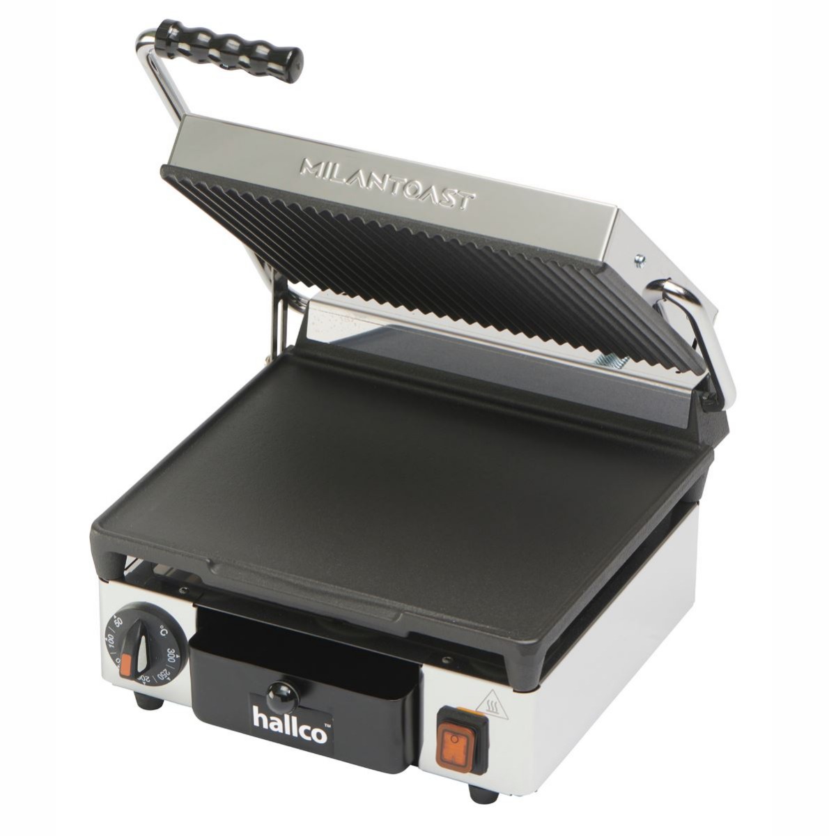 Hallco MEMT16001XNS Non Stick Ribbed Top Flat Bottom Single Contact Grill 