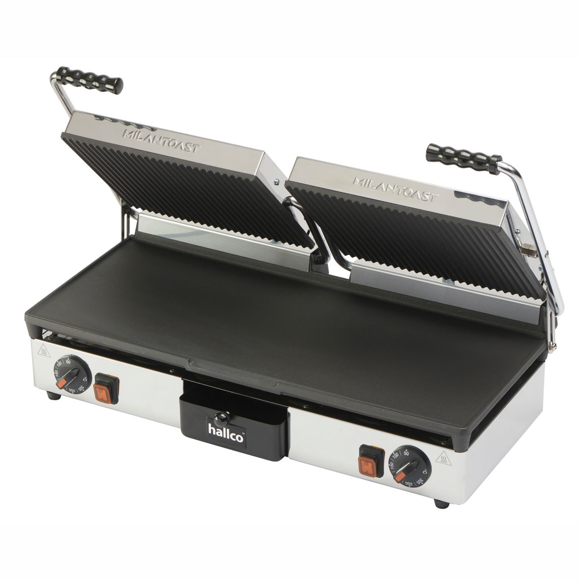 Hallco MEMT16052XNS Non Stick Ribbed Top Flat Bottom Double Contact Grill 