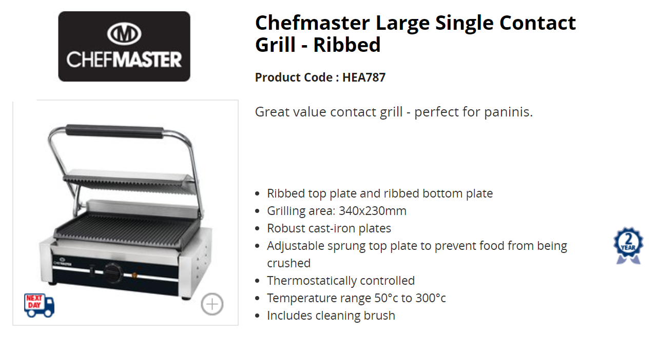 Chefmaster HEA787 Large Single Contact Grill with Ribbed Plates