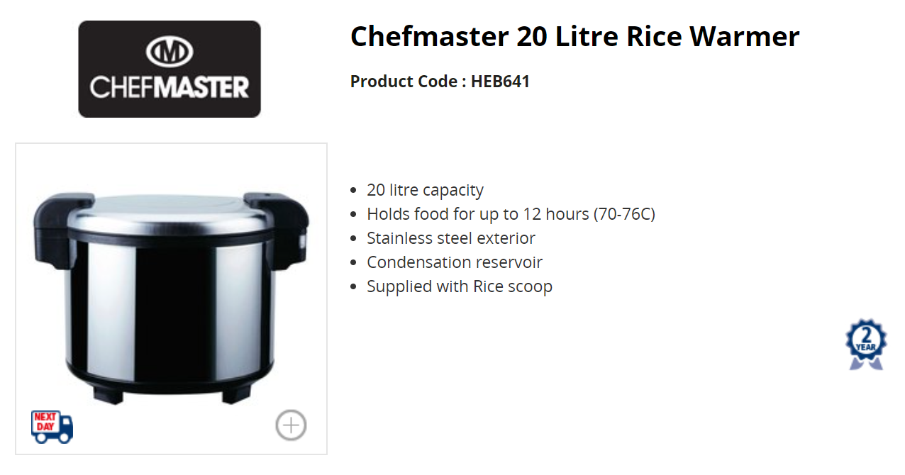 Chefmaster HEB641 Stainless Steel Rice Warmer Keep Your Rice Fluffy